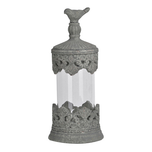 Floating Fleur Cement Jar with Bird Lid - 13.5" - Gray and Clear - IMAGE 1