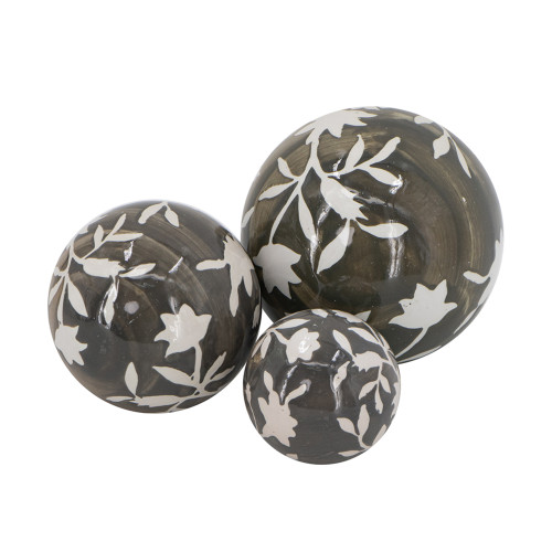 Floral and Leaf Orb Decorations - 5" - Brown and White - Set of 3 - IMAGE 1