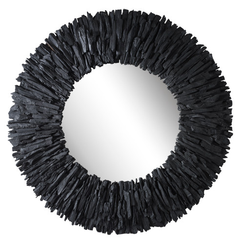 Teak Branch Round Framed Wall Mirror - 39.25" - Black - IMAGE 1
