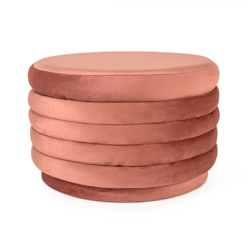 20.5" Pink Upholstered Cylindrical Ottoman with Ribbed Sides - IMAGE 1