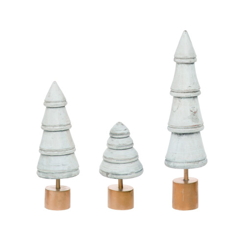 Set of 3 White Christmas Rustic Trees with Brass Base 17" - IMAGE 1