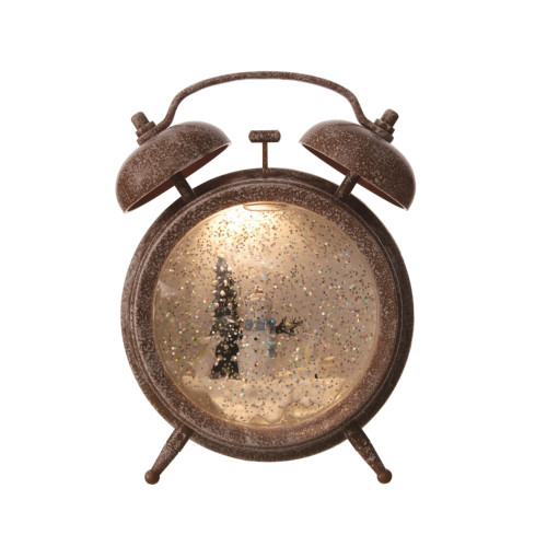 7.25" Brown and White Pre-Lit Christmas Metallic Alarm Clock Shaped Snow Globe - IMAGE 1