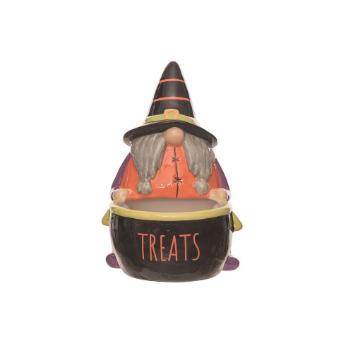 8.25" Black and Orange Witchy Gnome Candy "Treats" Halloween Bowl - IMAGE 1
