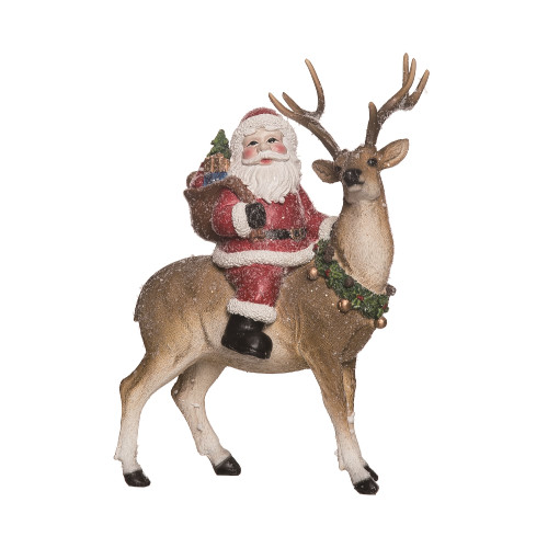 11.75" Brown and Red Frosted Santa Riding a Reindeer Christmas Tabletop Figurine - IMAGE 1