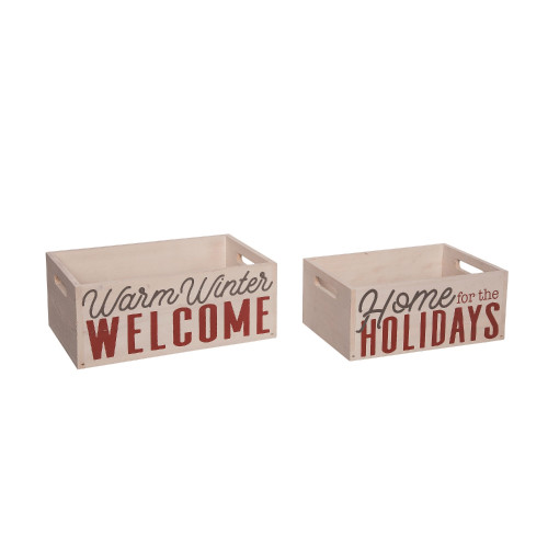 Set of 2 Beige and Red Wooden Christmas Rustic Crates 14" - IMAGE 1