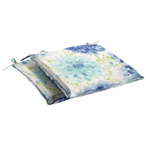 Gardenia Seaglass Floral Outdoor Corded Chair Pad - 17" - Blue and Green - Set of 2 - IMAGE 1