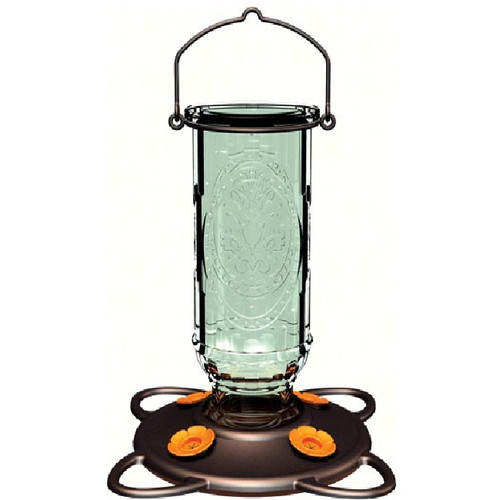 9" Aqua-Tinted Vintage Oriole Glass Bottle with Pewter Metal Accents Feeder - 20 oz - IMAGE 1
