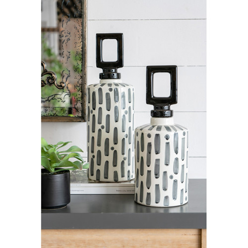 Geometric Square Ceramic Lidded Jar - 14" - Gray and White - IMAGE 1