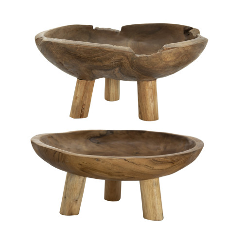 Round Footed Teak Bowls - 11.75" - Brown - Set of 2 - IMAGE 1