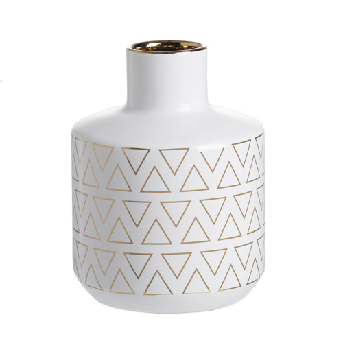 Round Geometric Triangle Pattern Ceramic Vase - 8" - White and Gold - IMAGE 1
