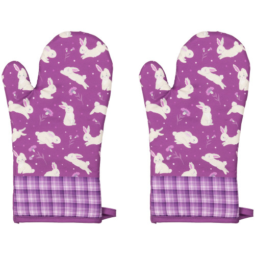 Hopping Bunnies Plaid Easter Kitchen Oven Mitts - 13.75" - Purple - Set of 2 - IMAGE 1