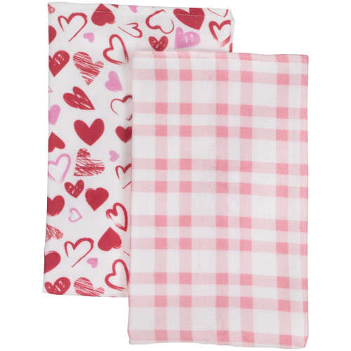 Plaid and Hearts Valentine's Day Kitchen Tea Towels - 26" - Pink and Red - Set of 2 - IMAGE 1