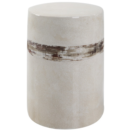 Cylindrical Distressed Ceramic Accent Stool - 18" - Cream and Brown - IMAGE 1