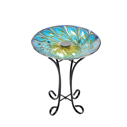 21" Blue and Yellow Outdoor Solar Peacock Feathers Birdbath - IMAGE 1