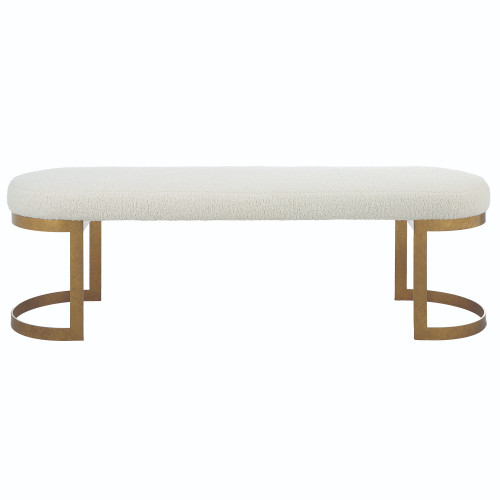 Shearling Top Bench with Hand Forged Base - 60" - White and Gold - IMAGE 1