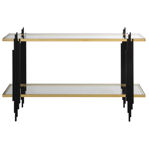2 Tier Tempered Glass Console Table - 52" - Black and Gold - IMAGE 1