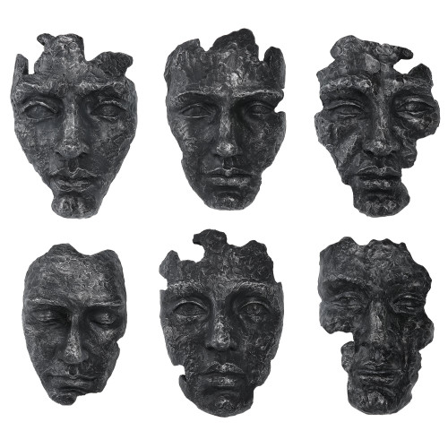 Sculpted Face Mask Wall Decorations - 14" - Gray - Set of 6 - IMAGE 1