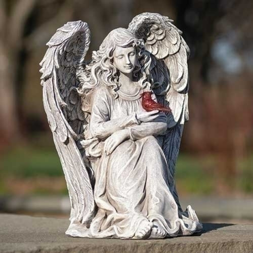 11" Memorial Angel with Cardinal Outdoor Garden Statue - IMAGE 1