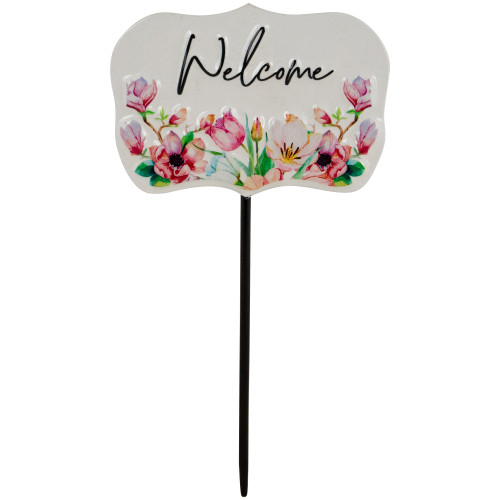 Floral Welcome Outdoor Yard Metal Garden Stake - 8" - White - IMAGE 1