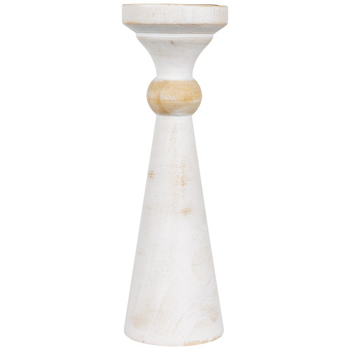 Wooden Pedestal Pillar Candle Holder - 12" - Brushed Antique White - IMAGE 1