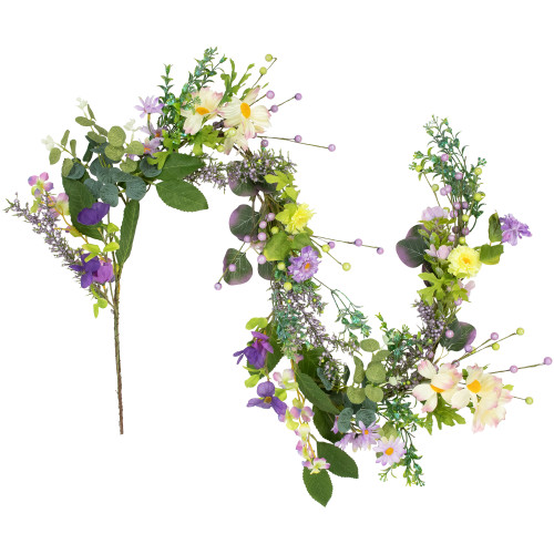 Daisy and Mixed Foliage Floral Spring Garland - 5' - Purple - IMAGE 1