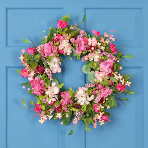 Chrysanthemum and Hydrangea Artificial Floral Spring Wreath - 23" - Pink - IMAGE 1