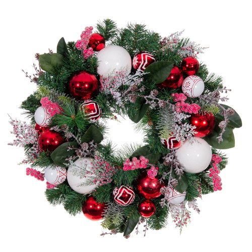 Pre-Lit Red and Green Nordic Artificial Christmas Wreath, 24-Inch, LED Lights - IMAGE 1