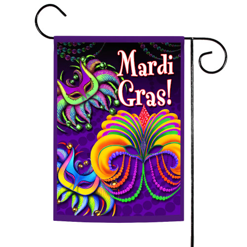 Masquerade Masks "Mardi Gras!" Outdoor Garden Flag - 18" x 12.5" - Purple and Green - IMAGE 1