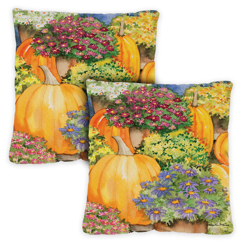 Set of 2 Pumpkin and Flower House Outdoor Patio Throw Pillow Covers 18” - IMAGE 1