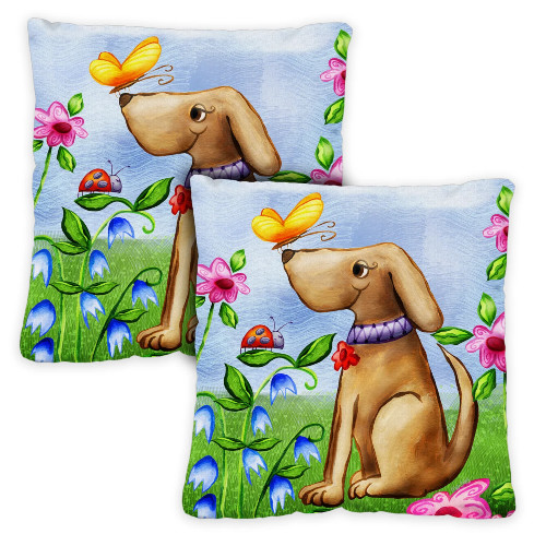 Set of 2 Dog and a Butterfly Outdoor Patio Throw Pillow Covers 18" - IMAGE 1