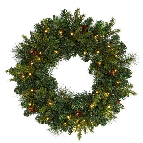 Pre-Lit Mixed Pine and Pinecones Artificial Christmas Wreath, 24-Inch, Clear LED Lights - IMAGE 1