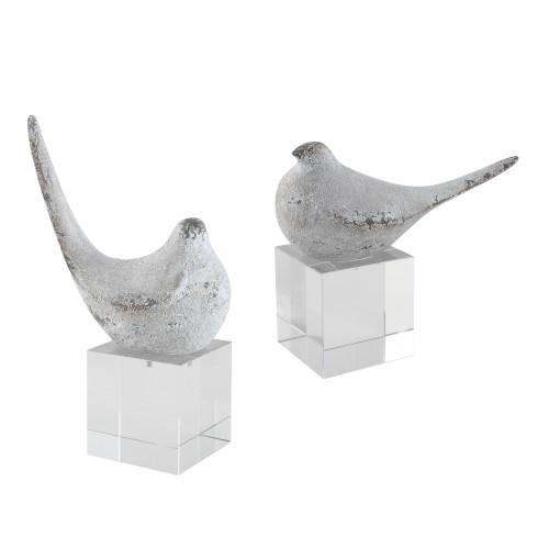 Distressed Bird Figurines with Crystal Base - 11" - Silver and Gray - Set of 2 - IMAGE 1