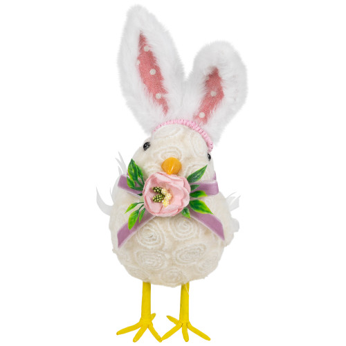 Floral Easter Chick with Polka Dot Faux Fur Rabbit Ears Figurine - 8.75" - IMAGE 1