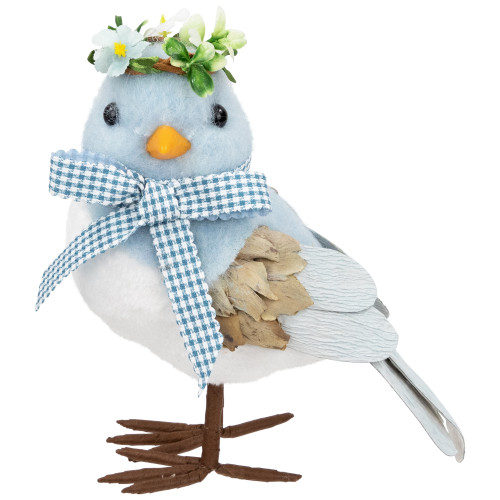 Plush Bluebird with Gingham Bow Easter Figurine - 7.25" - IMAGE 1