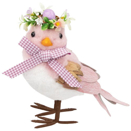 Plush Bird with Gingham Bow Easter Figure - 7.75" - Pink - IMAGE 1