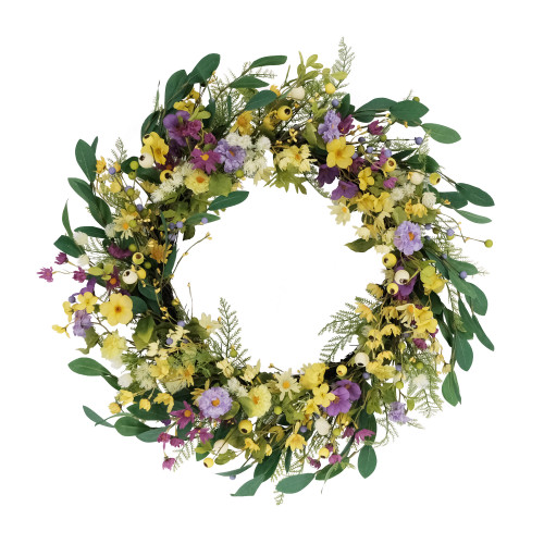 Daisy and Poppy Spring Floral Wreath - 30" - White and Purple - IMAGE 1