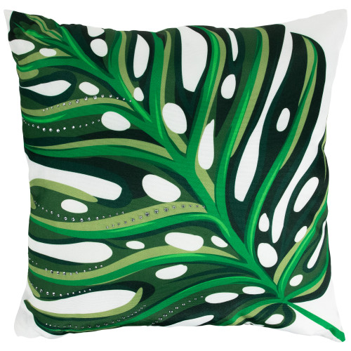 Palm Leaf with Rhinestones Throw Pillow - 16" - Green and White - IMAGE 1