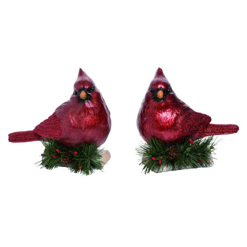 Set of 2 Red and Green Holly Leaf Cardinal Bird Christmas Figurines 7" - IMAGE 1