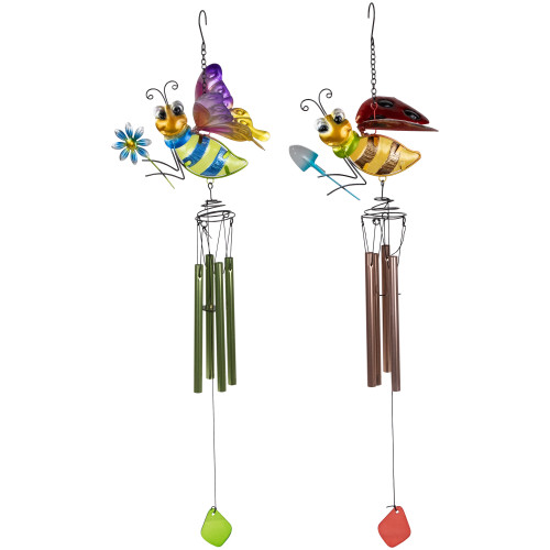 Pink and Green Bees Outdoor Garden Windchimes - 30" - Set of 2 - IMAGE 1