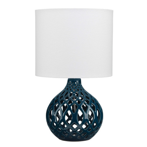 17.5" White and Blue Fretwork Table Lamp with Round Drum Shade - IMAGE 1