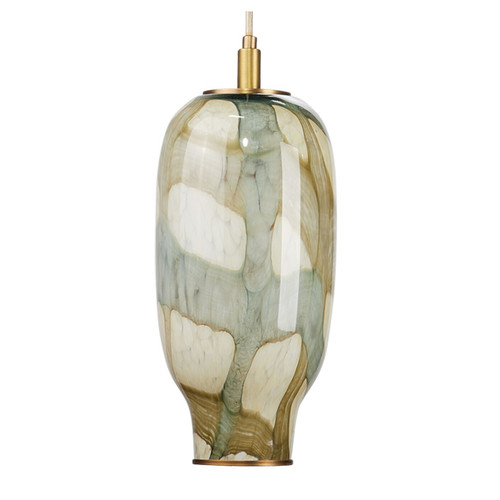 15.5” Antique Brass Metal Finish Large Pale Blue Glass Pendant Ceiling Light Fixture - IMAGE 1