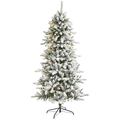 6’ Pre-Lit Flocked Livingston Fir with Cones Artificial Christmas Tree, Clear LED Lights - IMAGE 1