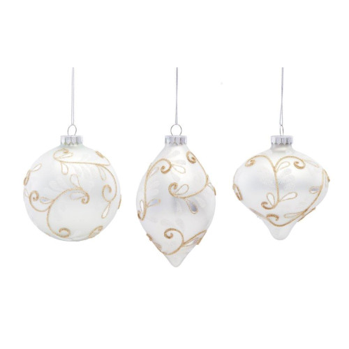 Matte Finish Glittered Glass Christmas Ornaments - 6" (150mm) - White and Gold - 6ct - IMAGE 1