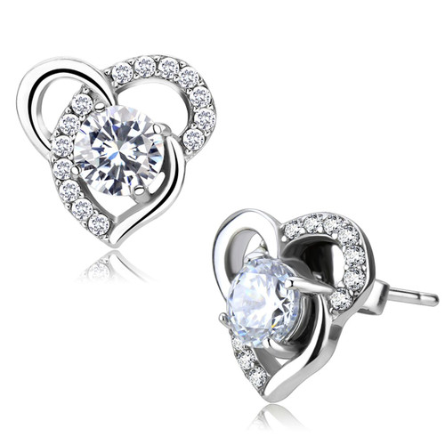 Women's High Polished Stainless Steel Heart Shaped Stud Earrings with Round AAA Grade CZ (Pack of 2) - IMAGE 1