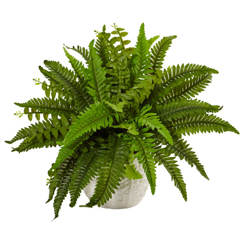 14" Artificial Boston Fern with White Planter - IMAGE 1