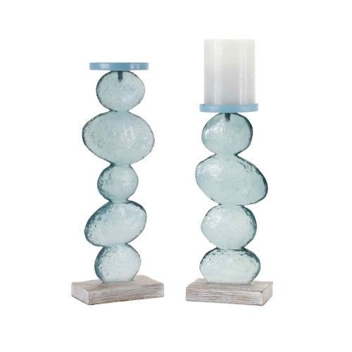 Stacking Rock Candle Holders - 13.5" - Blue and White - Set of 2 - IMAGE 1