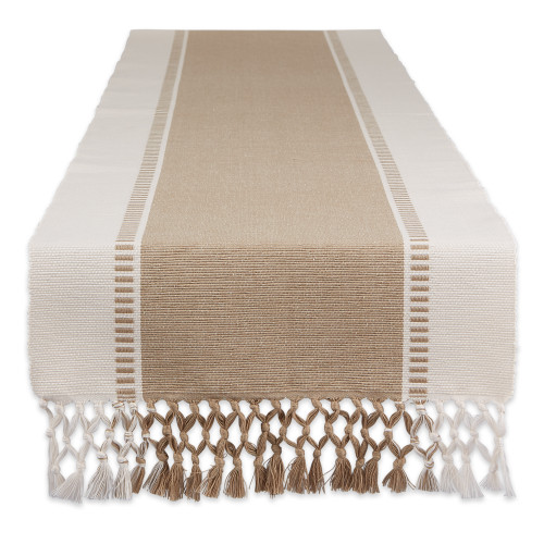 Dobby Stripe Ribbed Table Runner with Mini Tassels - 72" - Cream and Beige - IMAGE 1
