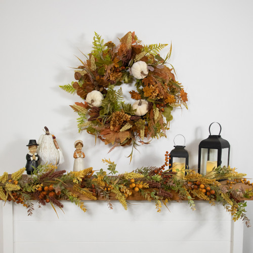 Velvet Pumpkins, Acorns and Mixed Autumn Foliage Artificial Fall Harvest Wreath - 26" - IMAGE 1