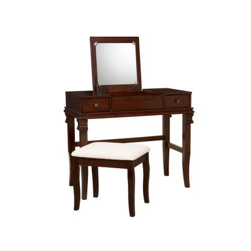 36" Walnut Brown Vanity Set with Mirror and Upholstered Stool - IMAGE 1