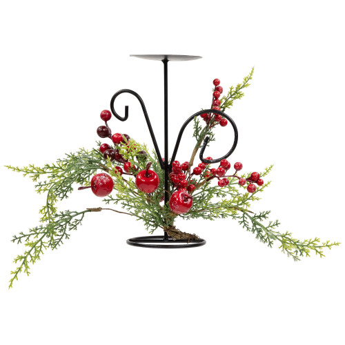 Apples and Berries Christmas Pillar Candle Holder - 10" - Green and Red - IMAGE 1